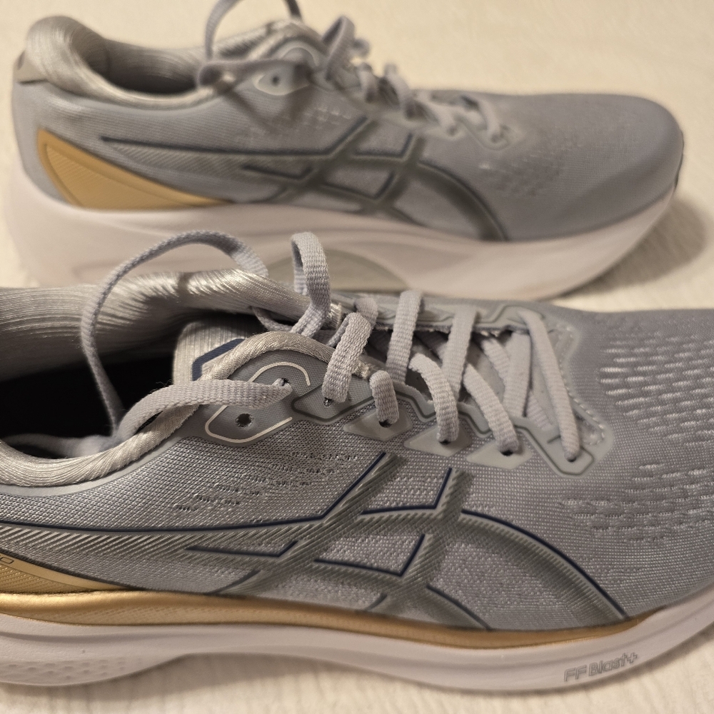 Asics Gray and Gold Athletic Shoes Sleek Mesh Design